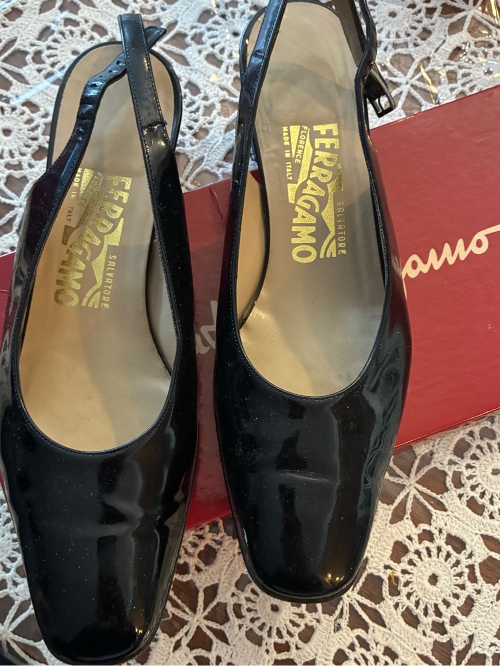 Salvatore Ferragamo Black Patent Slingback Mules